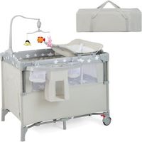 cuna de viaje para bebe cambiador cama de 2 niveles con juguetes colgando costway 125 x 65 x 119 cm beige