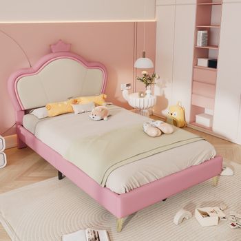 Cama Infantil Acolchada Con Protecciones Laterales, Cabecero Corona, Pies De Metal, Revestimiento Pu, Rosa Y Blanco, 90x200 Cm