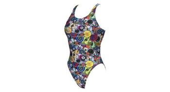 Banador mujer arena swim tech high phantasy prints patches moto rojo