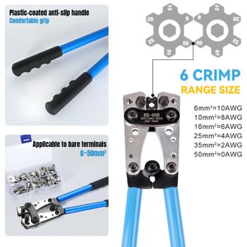 Pinza de crimpado HX-50B para terminales hexagonales, herramienta manual profesional para crimpar terminales de cable, para cables de batería de 6-50 mm² AWG, operación de crimpado eléctrico.