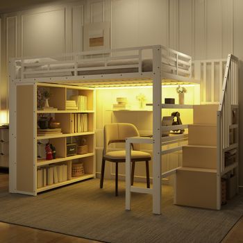 Cama Alta Blanca De 140 X 200 Cm Con Escritorio Y Almacenamiento Integrado