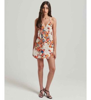 Superdry para mujer. W8011400A Minivestido lencero estampado blanco (L), Casual, Viscosa, Sin mangas / Tirantes