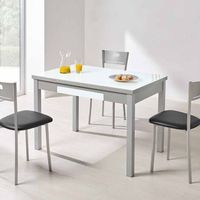 mesa de cocina extensible con cajon cristal blanco optico patas aluminio 90 - 140 cm ancho x 77 cm alto x 50 cm fondo