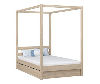 Cama individual de roble con dosel y cajón n01 roble blanqueado