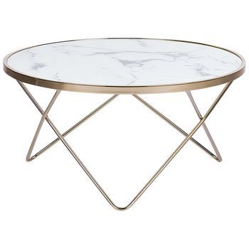 Mesa De Centro Tablero De Cristal Templado Con Efecto Mármol Blanco Patas De Horquilla De Metal Dorado Forma Redonda Meridian Ii