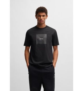 BOSS para hombre. 50538096 Camiseta de punto de algodón con logo de diseño en líneas finas negro (XS), Casual, Manga corta