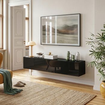 Mueble De Tv De Pared Evaton 160x32x30 Cm Negro Alto Brillo [en.casa]