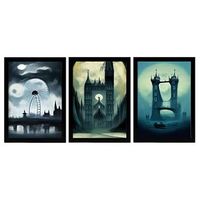 burton style illustrations of monuments and cities inspired by burtons dark and goth art interior design and decoration set collection 6 nacnic