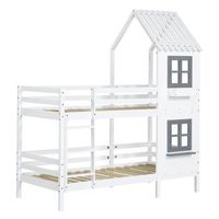 cama litera - con barandillas y ventana - cama casa - cama infantil con proteccion contra caidas y barandilla - estructura de pino - blanca - 90x200 cm - sin colchon