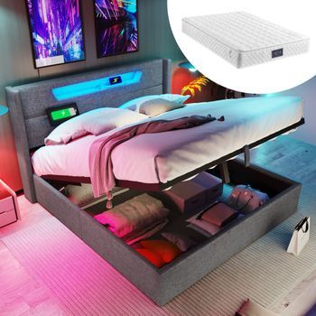 Cama Contenedor 140 X 200 Cm, Cama Doble - Iluminación Led, Puerto Usb Tipo C Y Almacenaje - Tela De Lino - Gris + Colchón