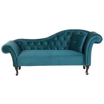 Chaise Longue Tapizado En Terciopelo Azul Acolchado Capitoné Versión Derecha Con Cojín Lattes