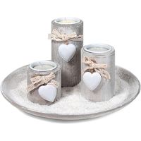 bandeja de madera decora con 3 portavelas y corazon - arena blanca 24 cm