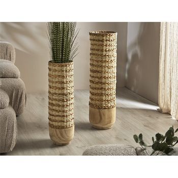 Jarron 2  Entramados Fibra Natural  Base Madera S/2 26dx90cm