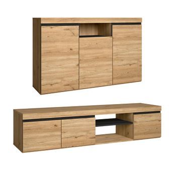 Set Naturale Salón Comedor, Mueble Auxiliar,  Buffet-mueble Tv 160cm Roble Negro Nórdico
