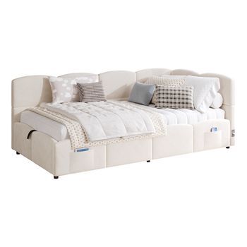 Sofá Cama Individual 90x200 Con Canapé Abatible Y Puertos Usb, Cama Tapizada De Terciopelo Beige