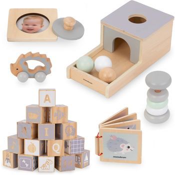 Juegos De Desarrollo Sensorial Montessori De Madera, Caja Educativa Infantil, 6 Juguetes Educativos, Juegos De Madera, Sonajero, Bloques, Coche, Erizo, Libro