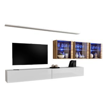 Conjunto De Muebles Para Salón Mural Switch Xvii Diseño, Color Blanco Brillante Y Roble Wotan.