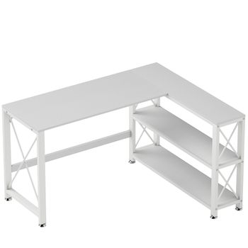 HOMCOM Escritorio de esquina modular reversible, escritorio con almacenamiento, estante de almacenamiento, marco de metal, 135x110x75cm, blanco