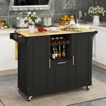Isla De Cocina Grande Con Encimera Abatible 4 Ruedas Cajón Profundo Estante Para Botellas Negro