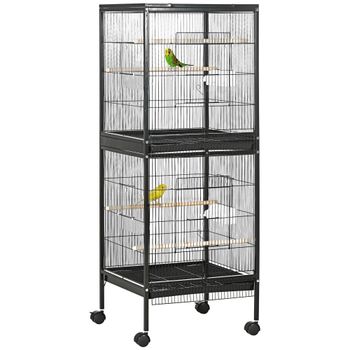 PawHut Jaula para Pájaros de 2 Niveles con Ruedas Bandejas Extraíbles Azul