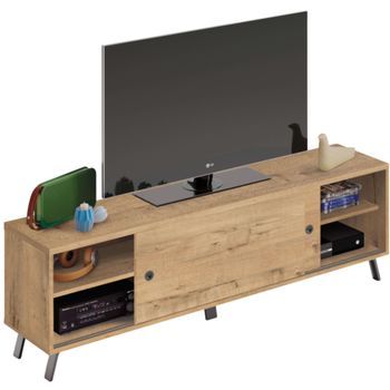 Mesa Para Tv Kamet 2 Puertas Correderas Color Roble Gold Salón Comedor Estilo Industrial 52x160x40 Cm