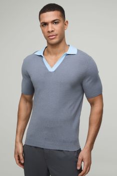 Polo De Punto Ajustado Al Músculo Con Cuello En Contraste, Azul
