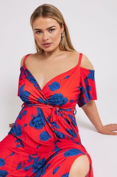 Yours London Vestido Largo Rojo Floral Con Hombro Descubierto, Mujer Curvy Y Tallas Grandes, Yours London