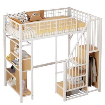Cama De Entrepiso De 90 X 200 Cm - Cama De Metal Con Almacenaje - Cama Infantil - Blanco