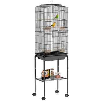 PawHut Jaula para Pájaros con Soporte Metálica de Aves con 4 Ruedas Puertas Bandeja Extraíble y Estante Inferior 46,5x36x157 cm Negro   Aosom España
