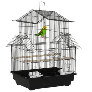 Jaula para pájaros Pawut, diseño de casa, comederos, 3 puertas, bandeja extraíble para excrementos + asa de transporte, 50,5x41x63 cm, color negro