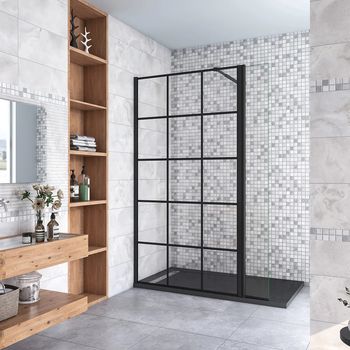 Aica Walkin Mampara Panel De Ducha Serigrafiado De Celosía Cuadrada 2 Hojas Vidrio 8mm Antical Con Barra Negra Mate 73-120cm [(93.9-95.9)+40]x200cm