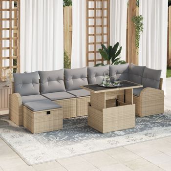 Juego De Sofá De Jardín De 8 Piezas Con Cojines Beige De Ratan Poliéster V9700 Unico / Beige