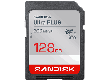 Tarjeta SD - SANDISK Ultra Plus, 128 GB, Hasta 200 MB/s, UHS-I, Vídeo Full HD, V10, C10, Resistente al Agua, Plata