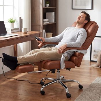 Silla de oficina giratoria regulable en cuero auténtico marrón claro