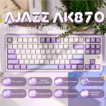 Teclado mecánico AJAZZ AK870, inalámbrico de 3 modos, pantalla TFT intercambiable en caliente, 87 teclas (con extractor de teclas), BT5.0/2.4GHz/USB-C