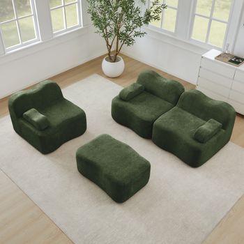 Sofá Modular En L De 3 Plazas, Terciopelo Verde, Otomana Y Espuma 32d