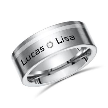 Anillo de titanio mate grabación láser incrustación de plata