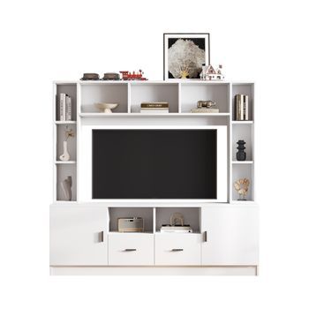 Mueble De Tv Blanco Para Salón De 180 X 35 X 170 Cm, Con Vitrinas Y Estanterías
