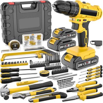 Juego de herramientas de taladro inalámbrico de 148 piezas, taladro/destornillador eléctrico con batería de 20 V, adecuado para hombres y uso doméstico, juego combinado de herramientas LED para el