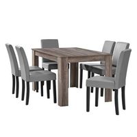 mesa de comedor  6 sillas forssa mdf y polipiel 140x90x77cm - roble antiguo  gris claro encasa