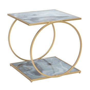 Mesa Auxiliar De Metal Dorado Con Encimeras De Cristal Cm 52,5x50x51
