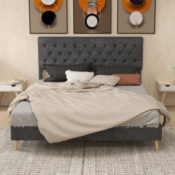 Cama Doble Tapizada Con Cabecera Capitonada Gris 160x200 Cm