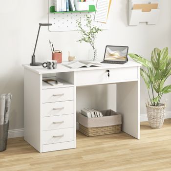 Escritorio De Oficina Blanco De 110 X 50 X 76 Cm Con 5 Cajones, Cerradura Y Pasacables