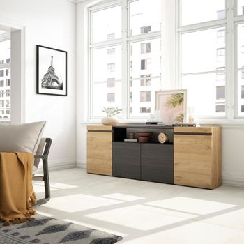 Aparador efecto madera roble y negro 200x35x75cm