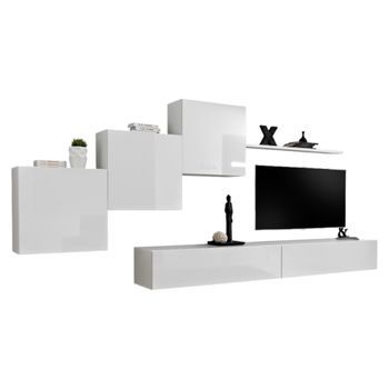 Conjunto De Muebles De Salón Mural Switch X Diseño, Color Blanco Brillante.