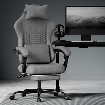 Silla Gaming Ergonómica De Tela Gris, Reposacabezas, Soporte Lumbar Y Reposapiés