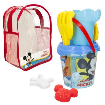 Mickey - Set cubo de playa con pala, infantil, rastrillo, regadera, moldes, mochila para almacenaje y transporte,  juguetes para la playa, mayores de 18 meses