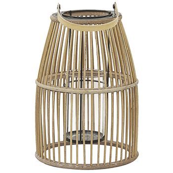 Linterna De Madera De Bambú Beige 32 Cm Soporte De Vidrio Estilo Boho Para Interior Y Exterior Hoste