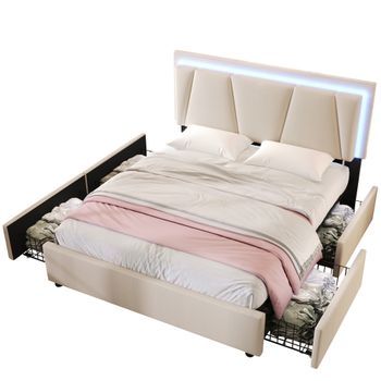 Cama Contenedor 160 X 200 Cm - Cuero Pu - Led - Gris + Colchón