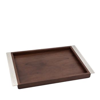 Bandeja rectangular de madera con asas de metal plateado 44x33 cm